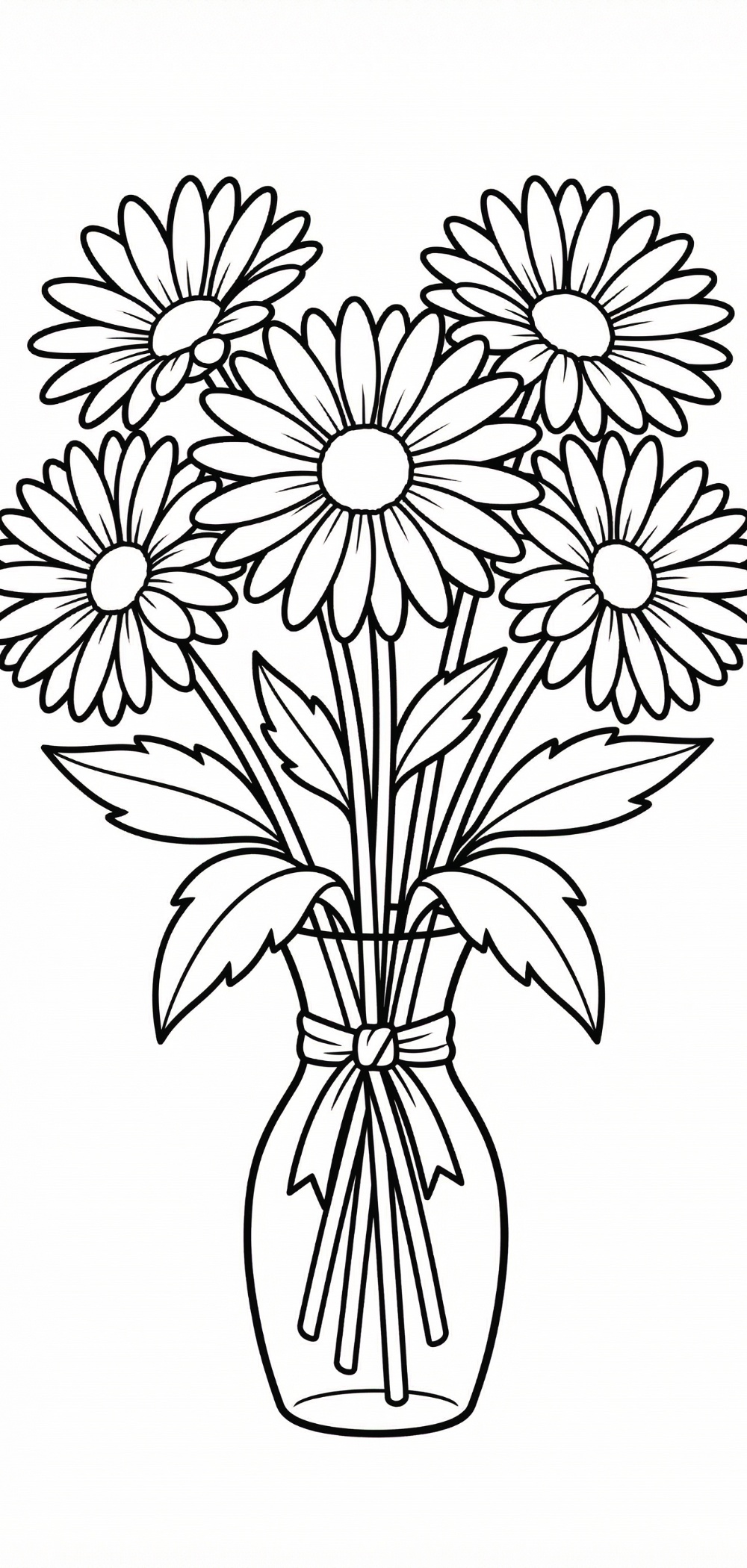Printable Simple Daisy Bouquet Coloring Page for All Ages A delightful simple daisy bouquet coloring page featuring a hand-drawn daisy bundle tied with a ribbon, perfect for beginners, using the focus keyword: simple daisy bouquet coloring page.