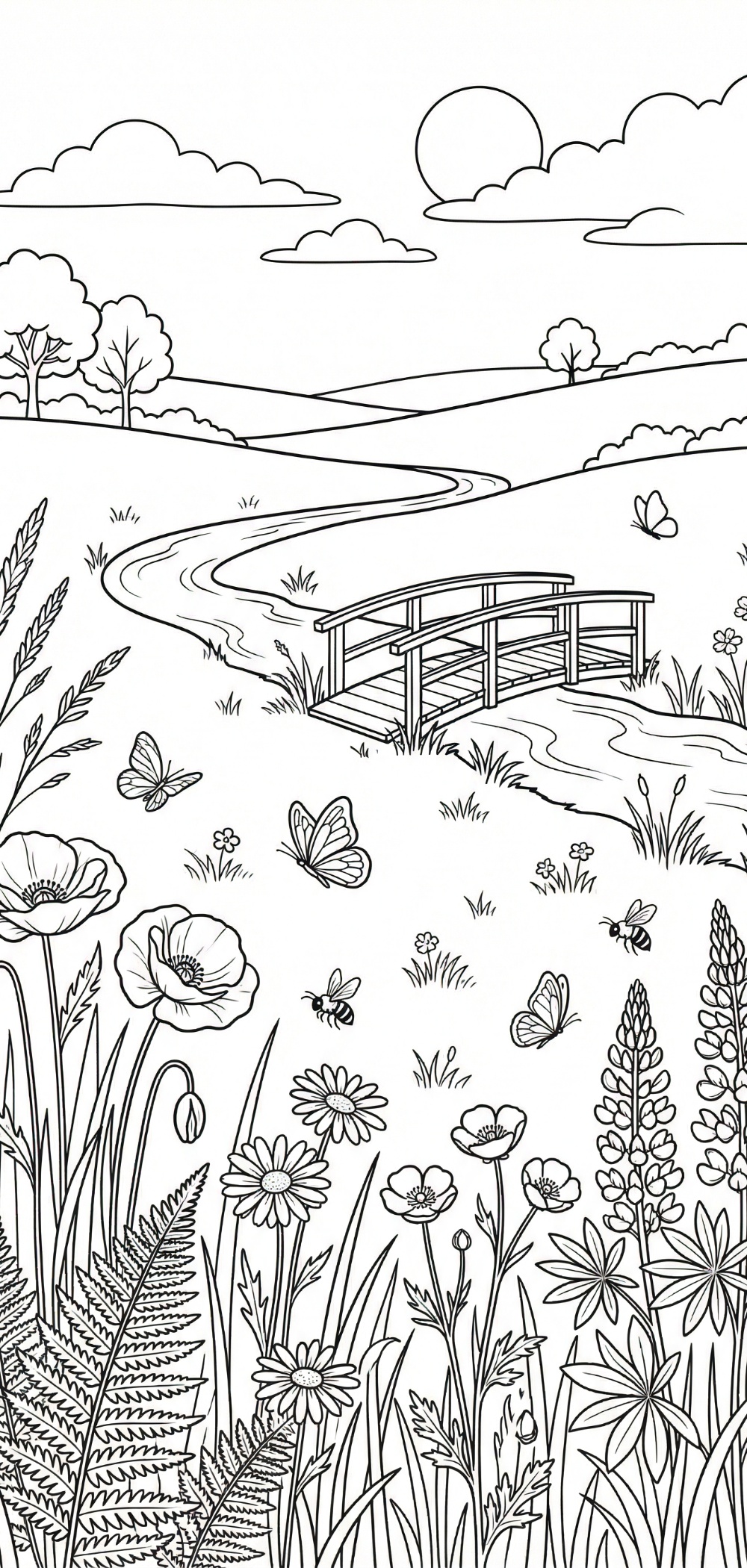 Spring Meadow Wildflowers Coloring Page A detailed illustration of a beautiful Spring Meadow Coloring Page filled with various wildflowers, gentle rolling hills, and cute ladybugs, perfect for peaceful coloring sessions.