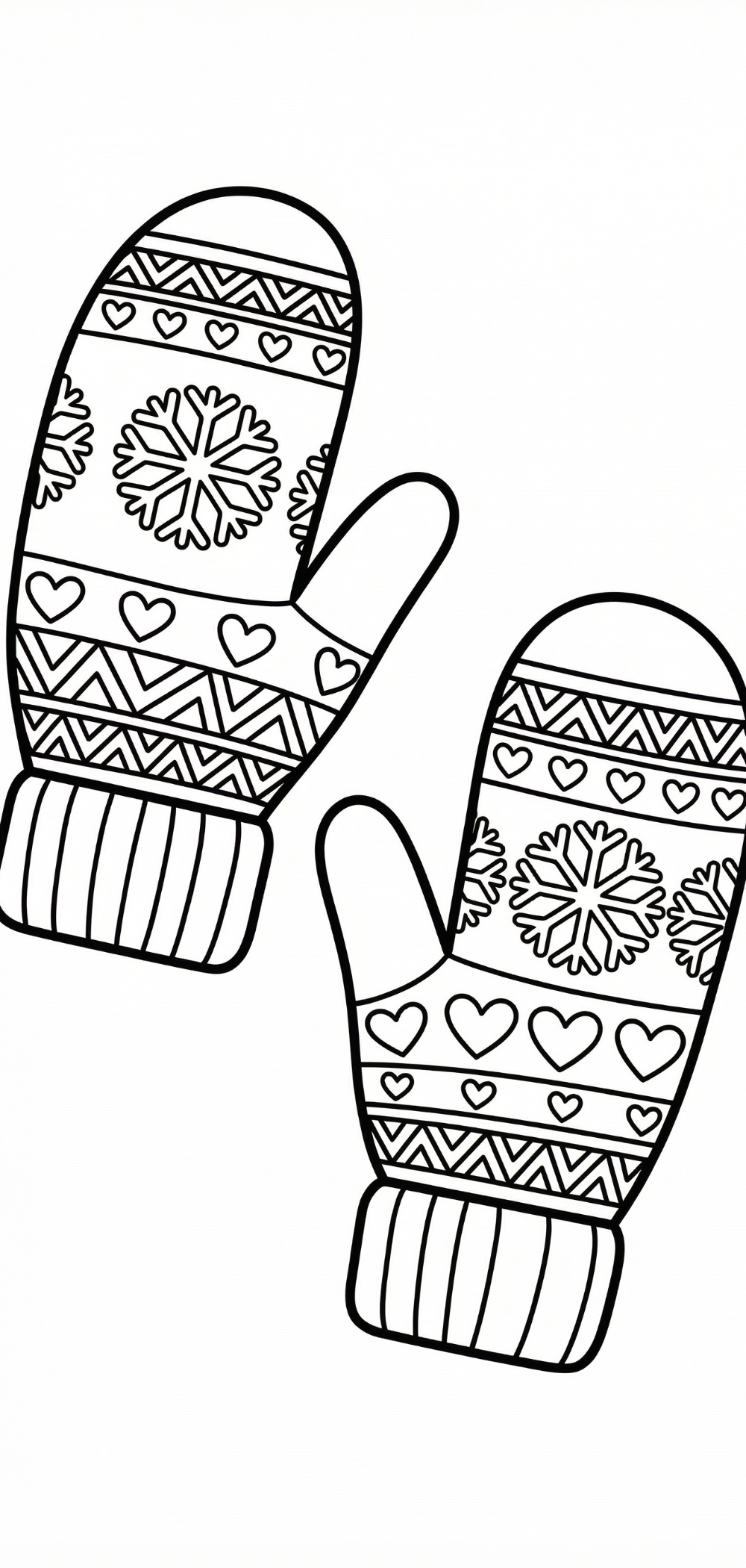 Winter Mittens Coloring Page Download A beautiful winter mittens coloring page featuring striped mittens and evenly spaced snowflakes, perfect for a cozy winter activity.