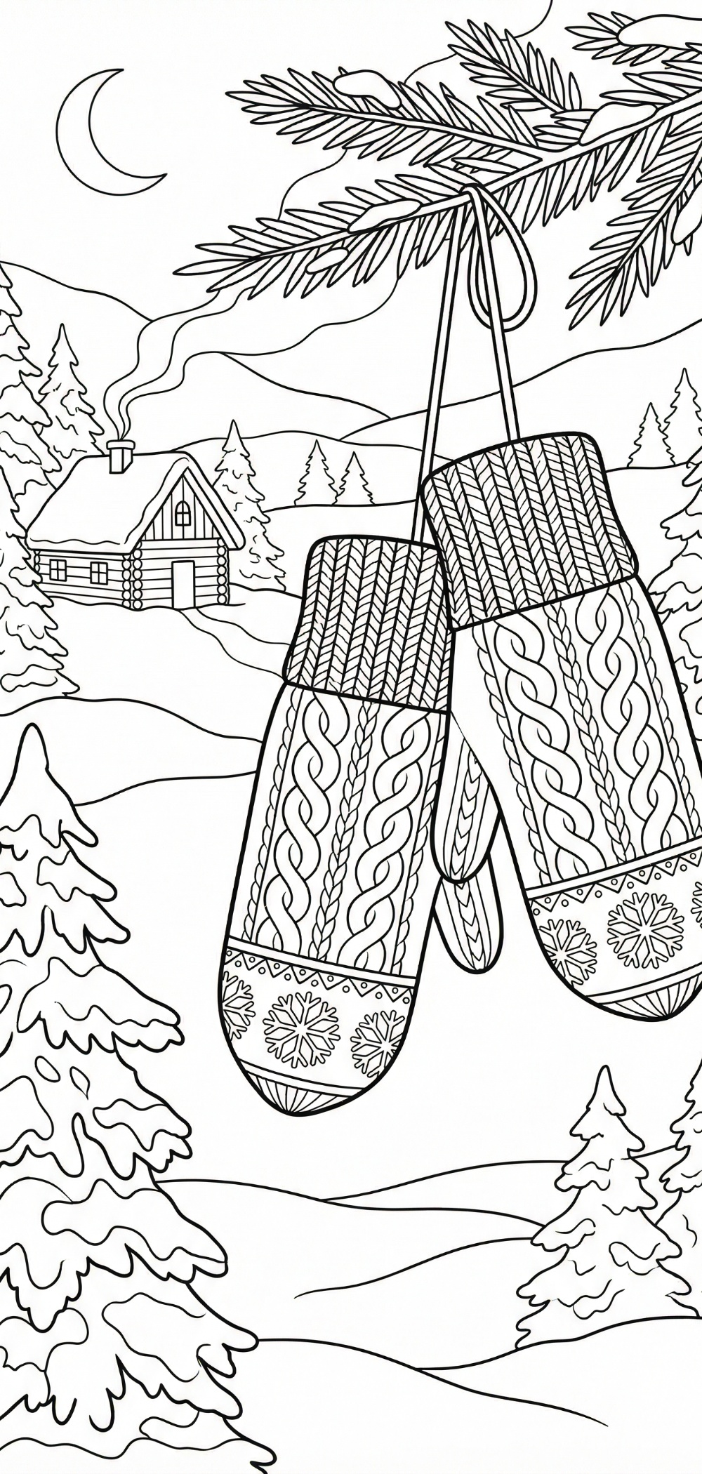 Knitted Mittens Winter Coloring Page Download A black-outline illustration of warm, cozy knitted mittens suspended in the air, surrounded by intricate snowflakes and decorative dots, perfect for a winter mittens coloring page activity.